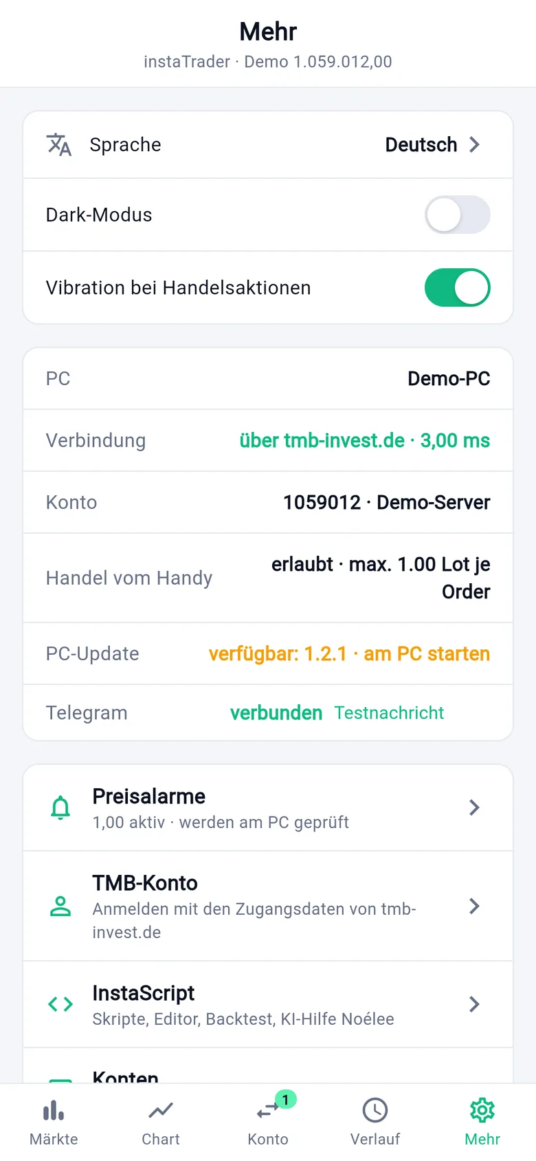 Einstellungen und Verbindung