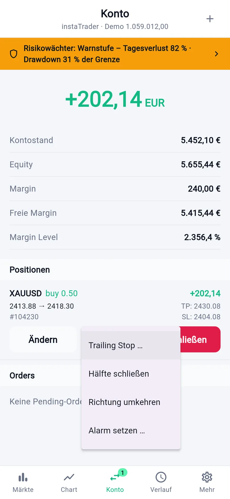 Trailing Stop, Hälfte schließen, umkehren
