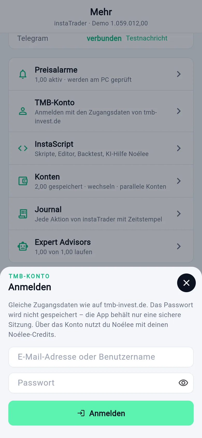 Anmeldung mit dem TMB-Konto